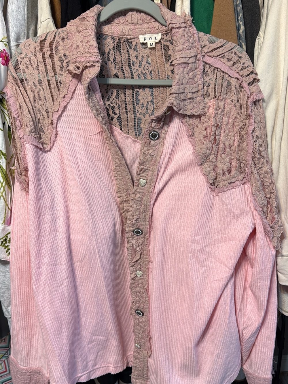 POL Light Pink Lace-Trim Button Down Shirt